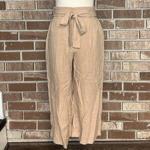 tan linen blend high waisted cropped wide leg pants with tie front